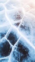 Aufkleber - Frozen lake with intricate patterns of cracks radiating outward, vibrant icy blues glowing under soft sunlight, moody abstract perspective highlighting texture and symmetry