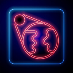 Poster - Glowing neon Earth globe icon isolated on black background. World or Earth sign. Global internet symbol. Geometric shapes. Vector