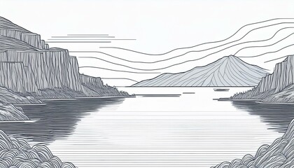 Wall Mural - a minimalistic linear illustration in one continuous line on a white background portrays sea cliffs with reflections a beautiful rocky coast a mountain landscape and a seashore