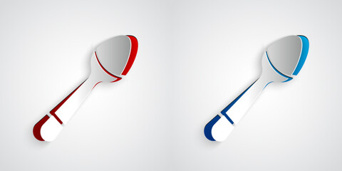 Poster - paper cut teaspoon icon isolated on grey background. cooking utensil. cutlery sign. paper art style.