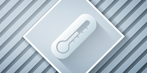 Poster - Paper cut Meteorology thermometer measuring heat and cold icon isolated on grey background. Thermometer equipment showing hot or cold weather. Paper art style. Vector