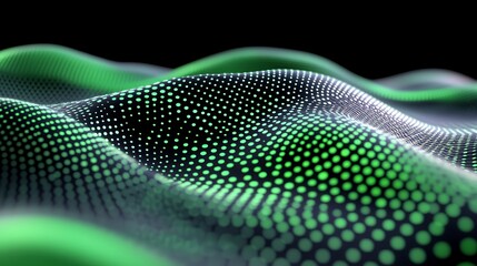 Poster - abstract digital wave pattern, composed of small dots, with varying shades of green and dark gray on