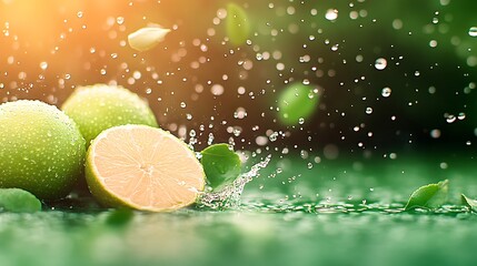 Wall Mural - Fresh limes splashing in water with droplets and green leaves in a vibrant outdoor setting