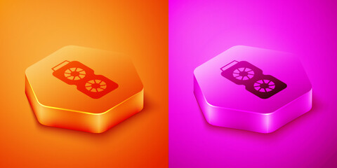 Aufkleber - Isometric Video graphic card icon isolated on orange and pink background. Hexagon button. Vector