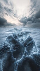 Aufkleber - Abstract frozen lake with intricate ice crack formations, vibrant blue and white tones glowing under a pale sky, minimalist surrealism with cinematic depth