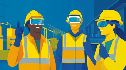 Poster - Three people in safety vests and glasses collaborating on a digital transformation project indoors
