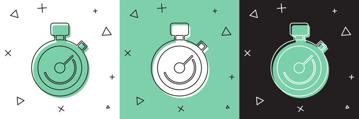 Poster - Set Stopwatch icon isolated on white and green, black background. Time timer sign. Chronometer sign. Vector