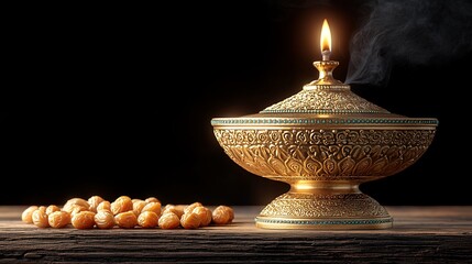 Golden oil lamp, sweet treats, dark background, religious ceremony, stock photo