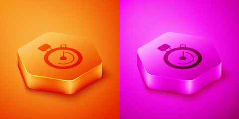 Poster - Isometric Stopwatch icon isolated on orange and pink background. Time timer sign. Chronometer sign. Hexagon button. Vector
