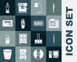Poster - set computer monitor, pencil with eraser, telephone, table lamp, plant in pot, business card, founta