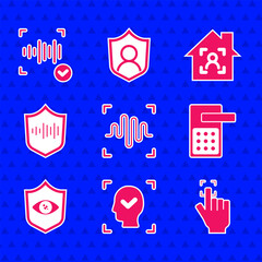 Poster - Set Voice recognition, Face, Fingerprint, Digital door lock, Shield eye scan, voice, Smart home with face id and icon. Vector