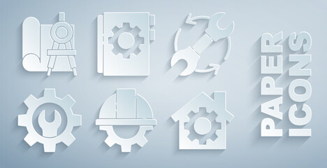 Poster - Set Worker safety helmet and gear, Wrench arrows as workflow, spanner, House with, User manual and Graphing paper compass icon. Vector