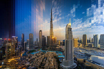 Wall Mural - Night to day sunrise sliced time lapse view of the modern Downtown City skyline of Dubai, UAE