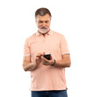 © opolja - Portrait attractive mature man using phone, calling on mobile phone. Handsome man with smart phone on transparent background