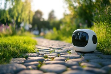 Poster - A small white robot sits atop a stone road, offering a unique perspective