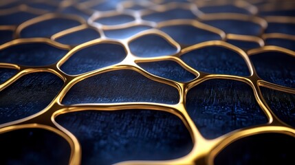 Poster - close up view of a complex network of dark blue and gold interconnected shapes. gold structures form