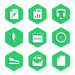 Poster - Set Calendar, Mail and e-mail, File document, Clock, Stapler, Fountain pen nib, Headphones and Note paper with push button icon. Vector