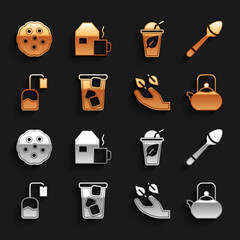 Poster - set ice tea, teaspoon, kettle with handle, leaf in, bag, cup of, cookie or biscuit and milk icon. ve