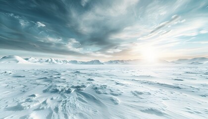Aufkleber - Surreal snowy tundra, icy textures glowing under a pale blue sky, clean minimalist framing, cinematic lighting emphasizing scale and isolation
