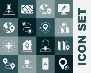Poster - Set Location with house, Folded map location marker, the globe, Route, and Map pin icon. Vector