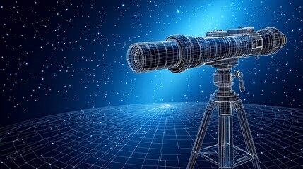 Poster - abstract digital camera lens and tripod design, composed of pixelated shapes against a dark blue bac