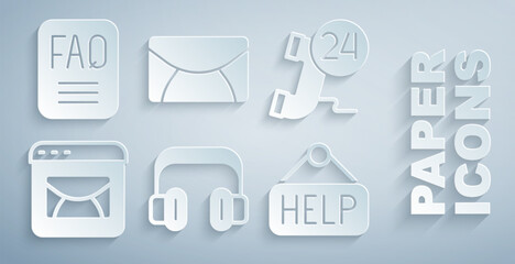 Poster - Set Headphones, Telephone 24 hours support, Mail and e-mail, Signboard with text Help, and FAQ information icon. Vector