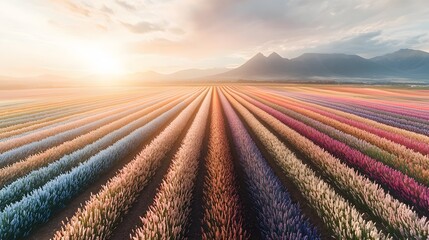 Poster - Vibrant aerial view of colorful flower fields, symmetrical rows glowing under a bright sunny sky, cinematic storytelling through dynamic patterns