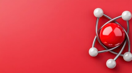 Poster - Red sphere atom model graphic, with connecting white metal wires and smaller white spheres. Modern, minimalist design, bright red background. 