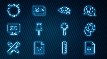 Poster - Set line AI file document, Human head with gear inside, Red eye effect, Push pin, Speech bubble text 3D, Circle Bezier curve, Magnifying glass and Picture landscape icon. Vector