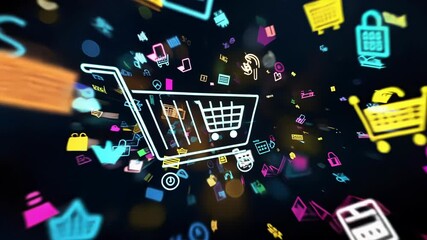 Poster - Colorful neon icons of products are flying out of a shopping cart, representing the concept of online shopping and e commerce in a vibrant and dynamic way
