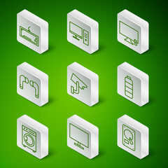 Poster - Set line Hard disk drive HDD, Computer monitor screen, Keyboard, Security camera, Air headphones, Washer and Battery charge level indicator icon. Vector