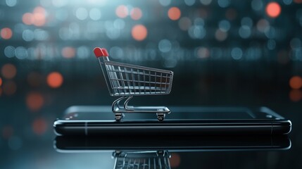 Aufkleber - Shopping Cart Model on Smartphone with Blurred Background Lights