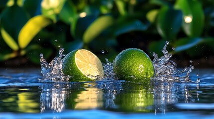 Wall Mural - Fresh limes splashing into calm water with lush greenery in the background, evoking freshness