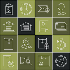 Poster - Set line Infographic of city map navigation, Fast time delivery, Envelope, with shield, Warehouse, Document tracking marker system and icon. Vector