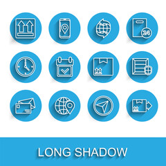 Poster - Set line Envelope, Location on the globe, This side up, Infographic of city map navigation, Cardboard box with traffic symbol, Calendar check mark, Delivery pack security shield and icon. Vector