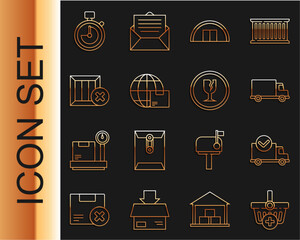 Poster - Set line Add to Shopping basket, Delivery truck with check mark, cargo vehicle, Warehouse, Worldwide shipping and box, Wooden delete, Stopwatch and Fragile broken glass icon. Vector
