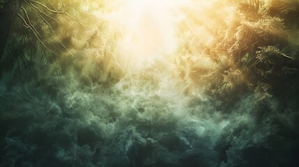 Poster - Dreamlike forest illuminated by golden hour light, intricate shadows dancing on vibrant green textures, cinematic framing capturing serenity
