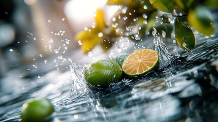 Wall Mural - Fresh limes splashing into clear water with citrus slices, surrounded by green leaves in sunlight