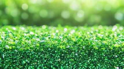 Wall Mural - Closeup View of Sparkling Green Grass Texture Under Soft Sunlight With Bokeh Effect