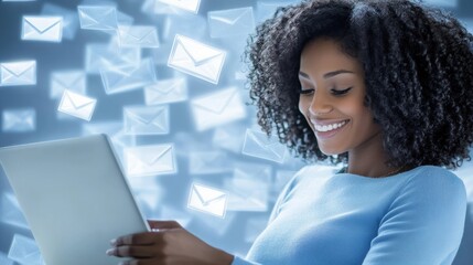 Poster - Woman Reading Messages on Tablet in Digital Communication Scene