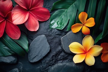 Wall Mural - Close-up of various flowers and leaves growing on a rocky surface