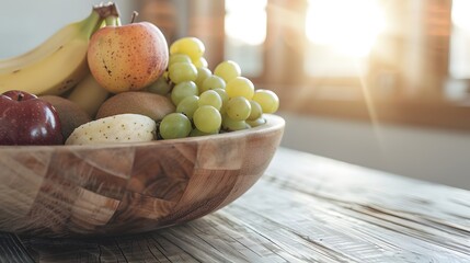 Poster - Still life of fresh fruits in a wooden bowl, soft natural light, detailed textures, vibrant and colorful composition, clean and simple aesthetic Cinematic Scene