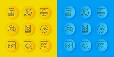 Poster - Set line Different files, Search cloud computing, Hard disk drive HDD, Loading data window, Cloud technology transfer, Server, Data, Web Hosting, and stream icon. Vector