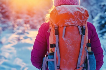 Wall Mural - A person hiking in snowy terrain carrying a backpack, suitable for use in travel, adventure, and outdoor themed projects