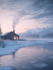 Aufkleber - A cozy cabin with a smoky chimney stands by a serene river, surrounded by snow and mountains, evoking a tranquil winter scene.