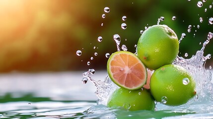 Fresh limes splashing into clear water with sunlight glistening in the background