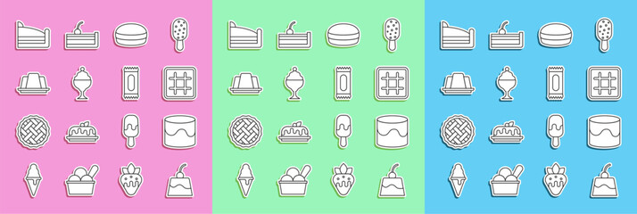 Wall Mural - Set line Pudding custard, Cake, Waffle, Macaron cookie, Ice cream bowl, Jelly cake, Piece of and Candy icon. Vector