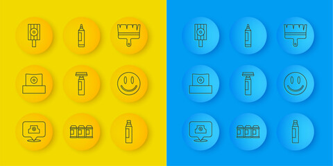 Aufkleber - Set line Spray can nozzle cap, Marker pen, Smile face, Paint brush and icon. Vector