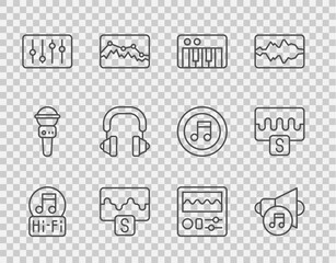 Poster - Set line Music note, tone, Speaker volume, synthesizer, wave equalizer, Sound mixer controller, Headphones, Drum machine and icon. Vector
