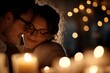 © c80 - Couple embraces warmly amid soft candlelight and festive bokeh decor at a cozy gathering in the evening